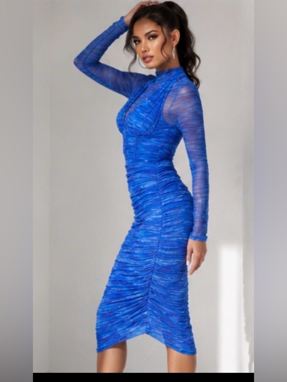 AKIRA Aqua Babe Blue Mesh Ruched Midi Dress Size Small